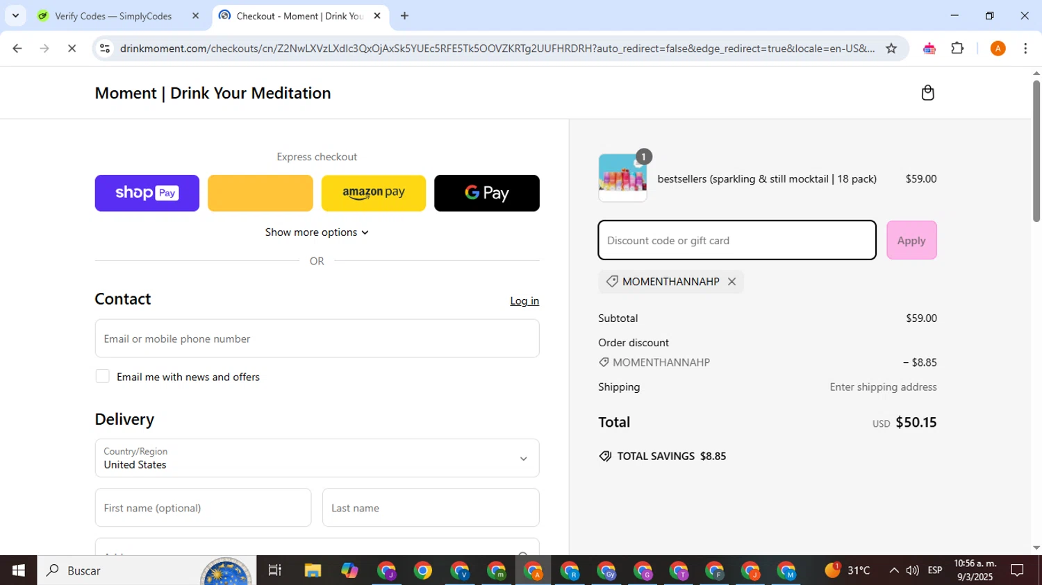 Drink Moment discount code screenshot showing code MOMENTHANNAHP applied at Drink Moment checkout page. Uploaded by SimplyCodes community member SmartSaver1325 on Mar 9, 2025