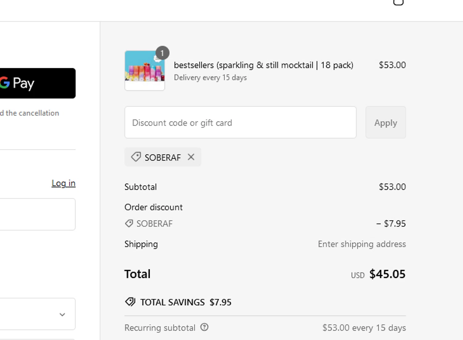 Drink Moment discount code screenshot showing code Soberaf applied at Drink Moment checkout page. Uploaded by SimplyCodes community member tuvalu10 on Feb 26, 2025