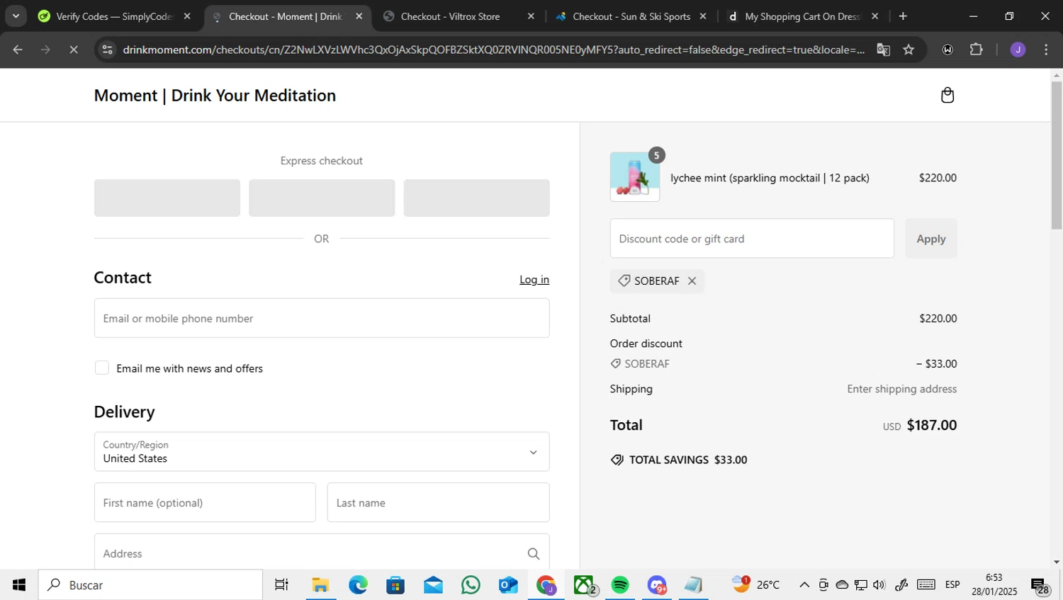 Drink Moment discount code screenshot showing code Soberaf applied at Drink Moment checkout page. Uploaded by SimplyCodes community member ENCARAMESSI on Jan 28, 2025