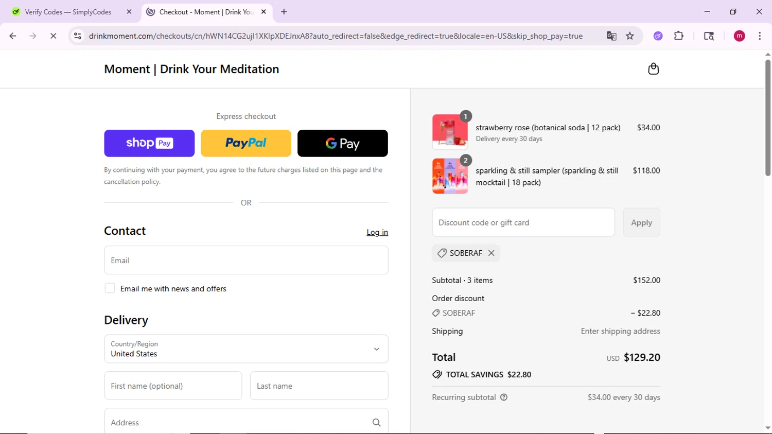 Drink Moment discount code screenshot showing code Soberaf applied at Drink Moment checkout page. Uploaded by SimplyCodes community member PrimeSage7080 on Jul 26, 2025