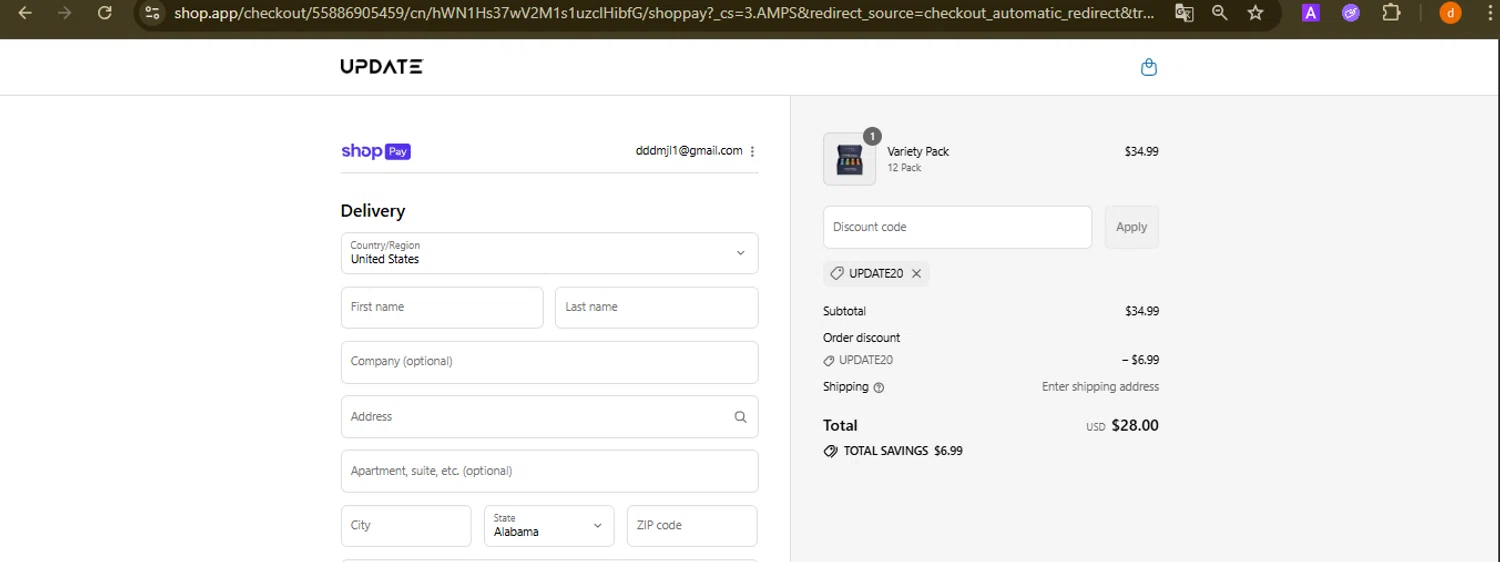 Drink Update promo code screenshot showing code UPDATE20 applied at Drink Update checkout page. Uploaded by SimplyCodes community member PennyAdmiral6960 on Aug 1, 2025