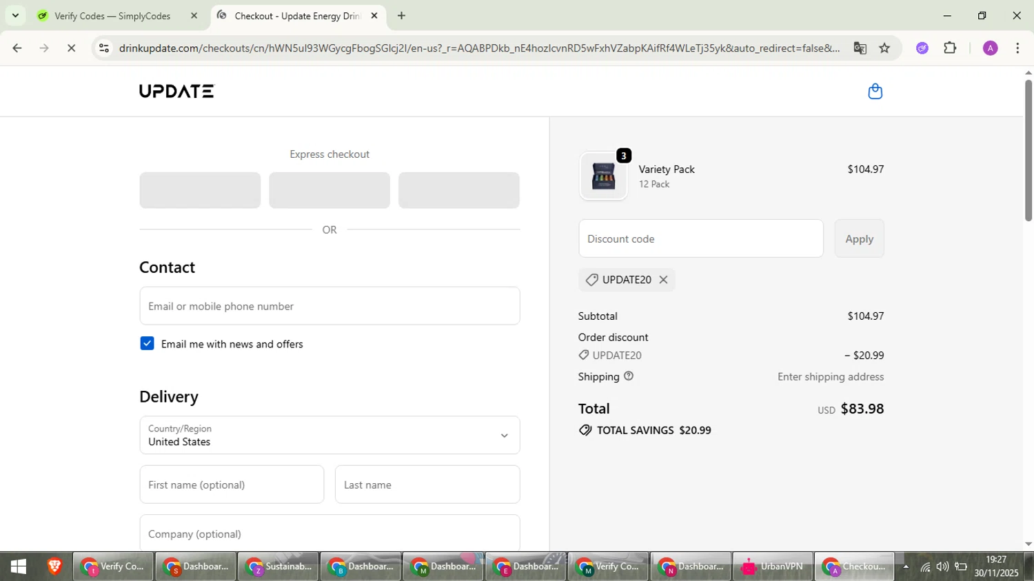 Drink Update promo code screenshot showing code UPDATE20 applied at Drink Update checkout page. Uploaded by SimplyCodes community member cuieoseva on Nov 30, 2025
