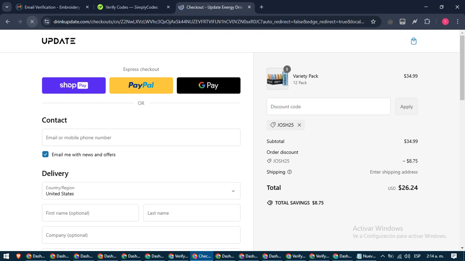 Drink Update promo code screenshot showing code JOSH25 applied at Drink Update checkout page. Uploaded by SimplyCodes community member WisePro3739 on Mar 1, 2025