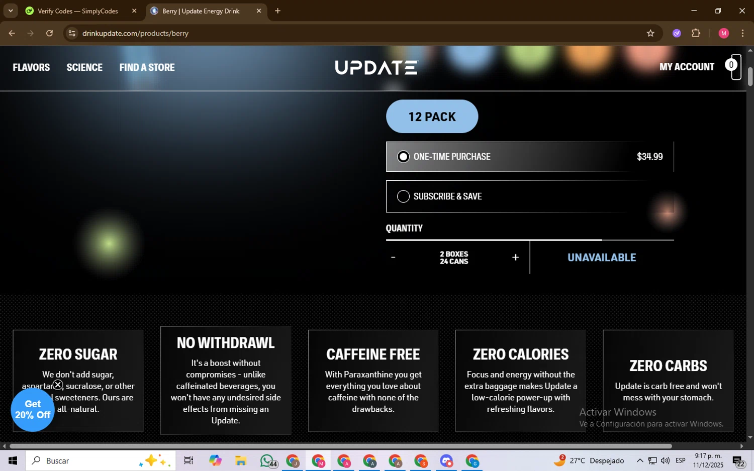 Drink Update promo code screenshot showing code CHEK25 applied at Drink Update checkout page. Uploaded by SimplyCodes community member Chambeadoranonimo on Dec 12, 2025