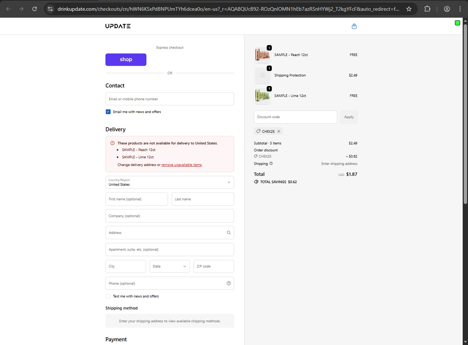 Drink Update promo code screenshot showing code CHEK25 applied at Drink Update checkout page. Uploaded by SimplyCodes community member MRDEAL on Dec 12, 2025