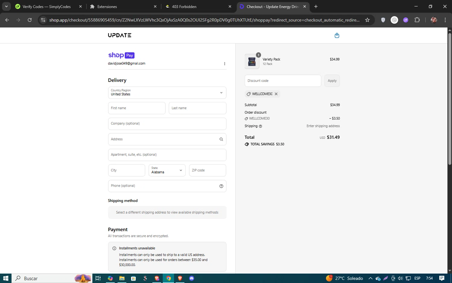 Drink Update promo code screenshot showing code WELLCOME30 applied at Drink Update checkout page. Uploaded by SimplyCodes community member 61451681 on Jul 14, 2025