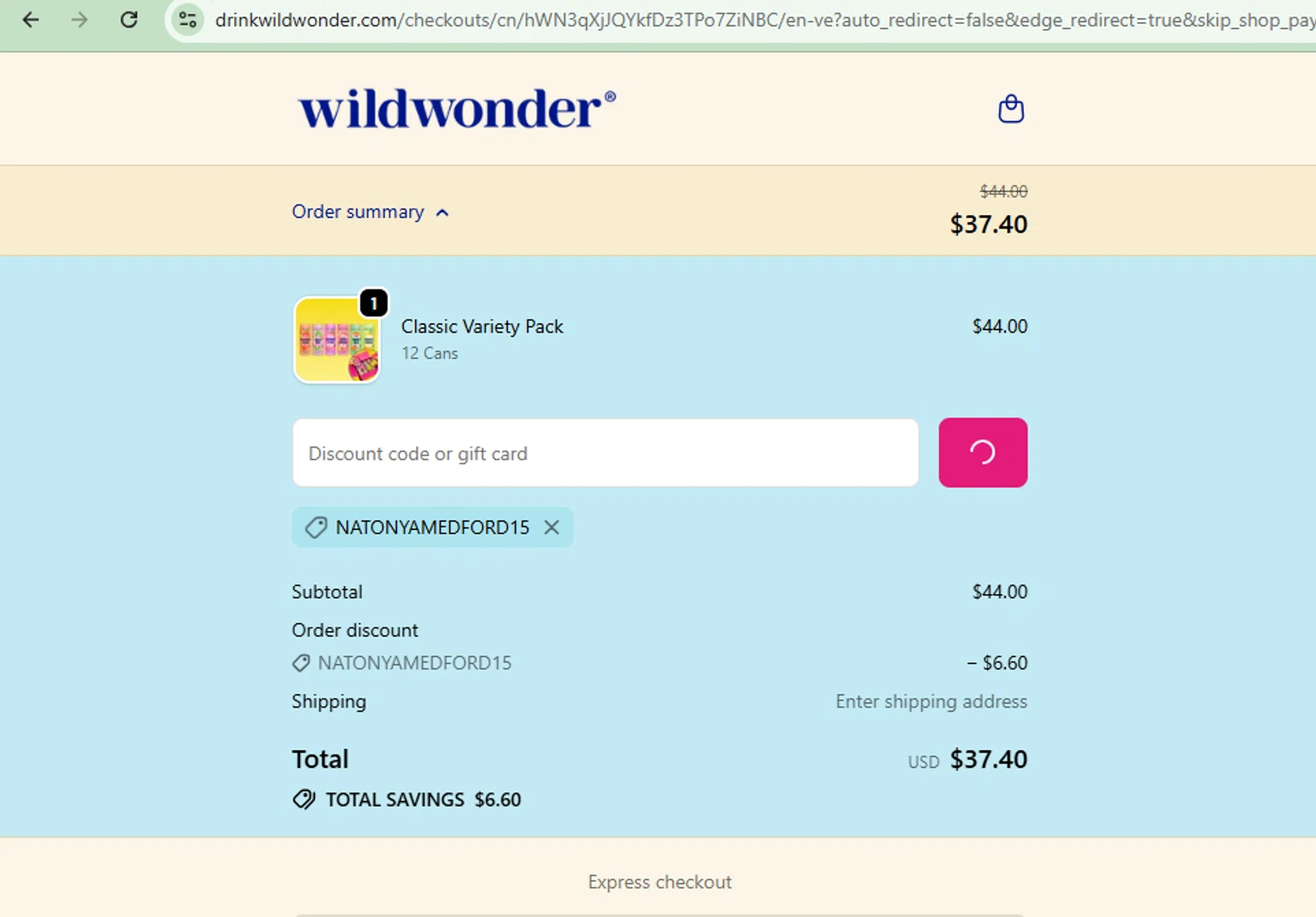Wildwonder discount code screenshot showing code natonyamedford15 applied at Wildwonder checkout page. Uploaded by SimplyCodes community member CoinOwl9375 on Oct 7, 2025