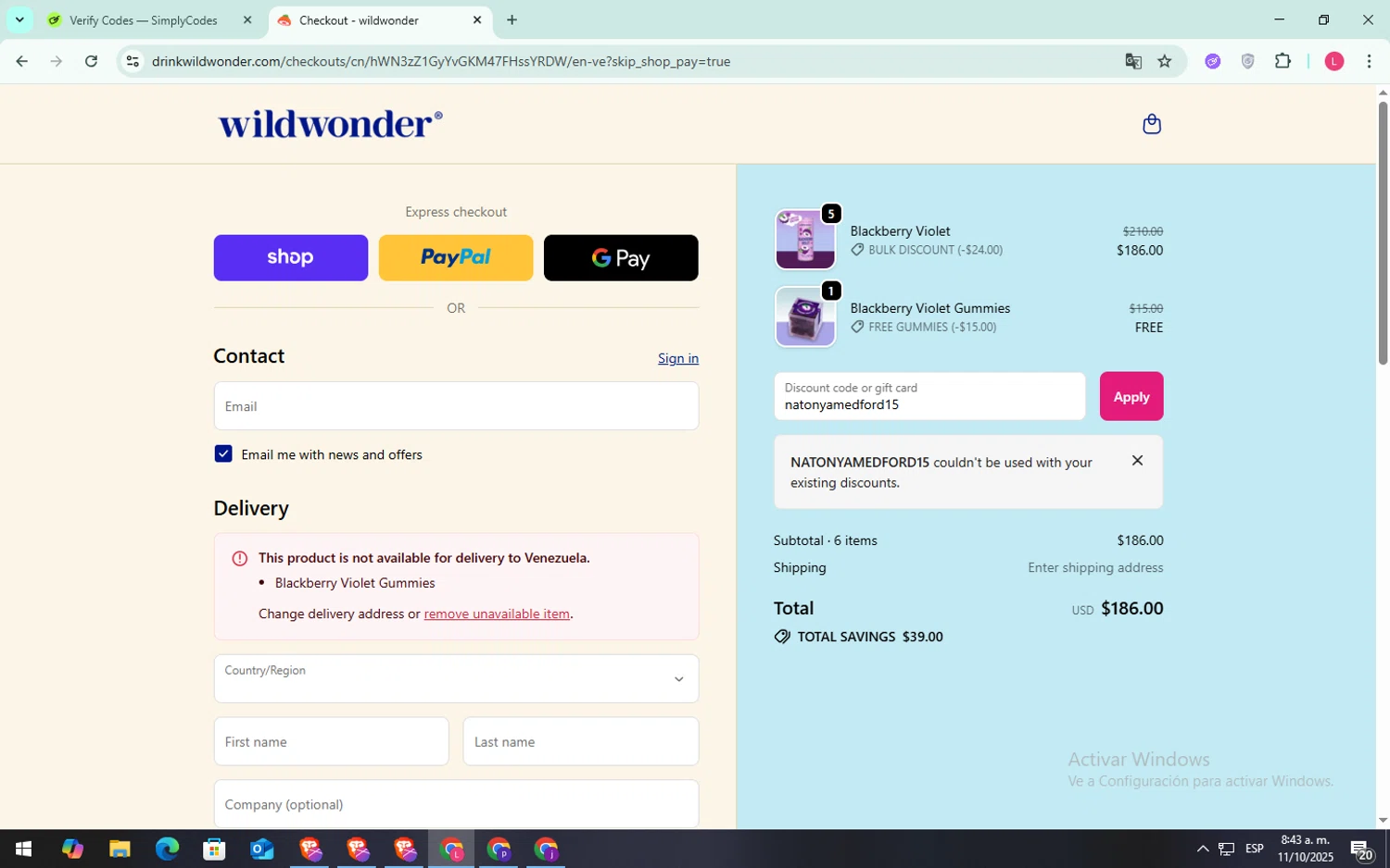 Wildwonder discount code screenshot showing code natonyamedford15 applied at Wildwonder checkout page. Uploaded by SimplyCodes community member SilverFox3257 on Oct 11, 2025