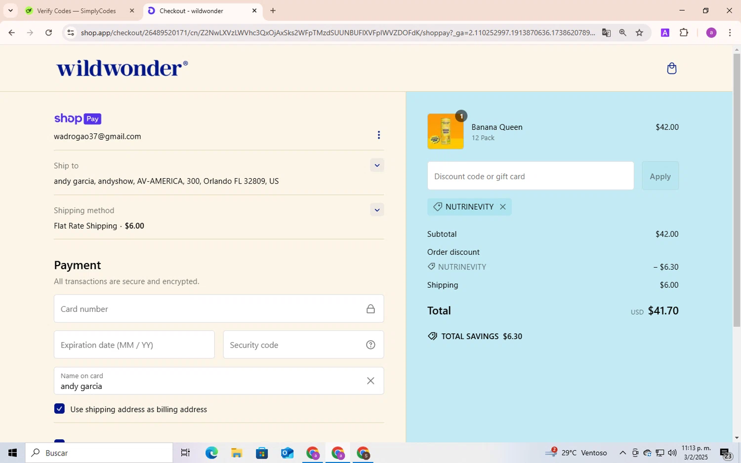 Wildwonder discount code screenshot showing code NUTRINEVITY applied at Wildwonder checkout page. Uploaded by SimplyCodes community member Andygar on Feb 3, 2025