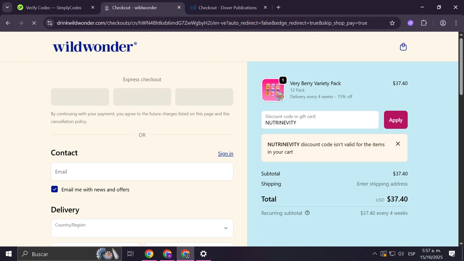 Wildwonder discount code screenshot showing code NUTRINEVITY applied at Wildwonder checkout page. Uploaded by SimplyCodes community member Frizk_1 on Oct 15, 2025