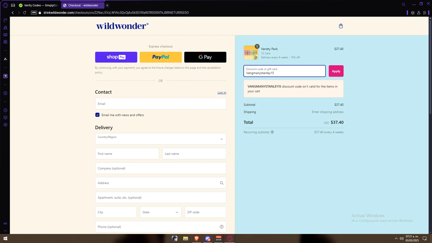 Wildwonder discount code screenshot showing code Vangmanystanley15 applied at Wildwonder checkout page. Uploaded by SimplyCodes community member Anzeer on Mar 3, 2025