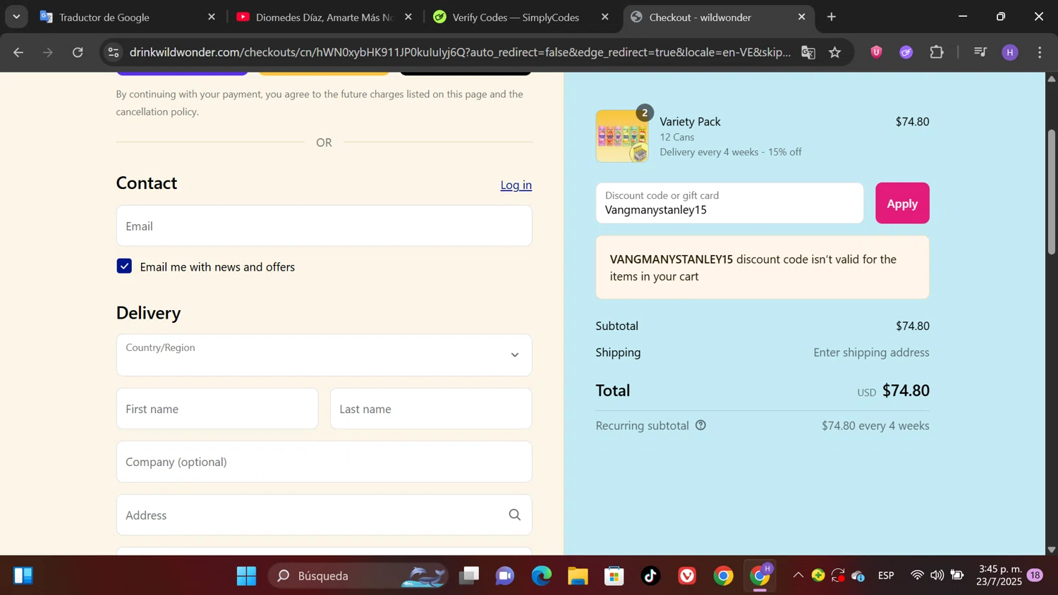 Wildwonder discount code screenshot showing code Vangmanystanley15 applied at Wildwonder checkout page. Uploaded by SimplyCodes community member Patricioestrella on Jul 23, 2025
