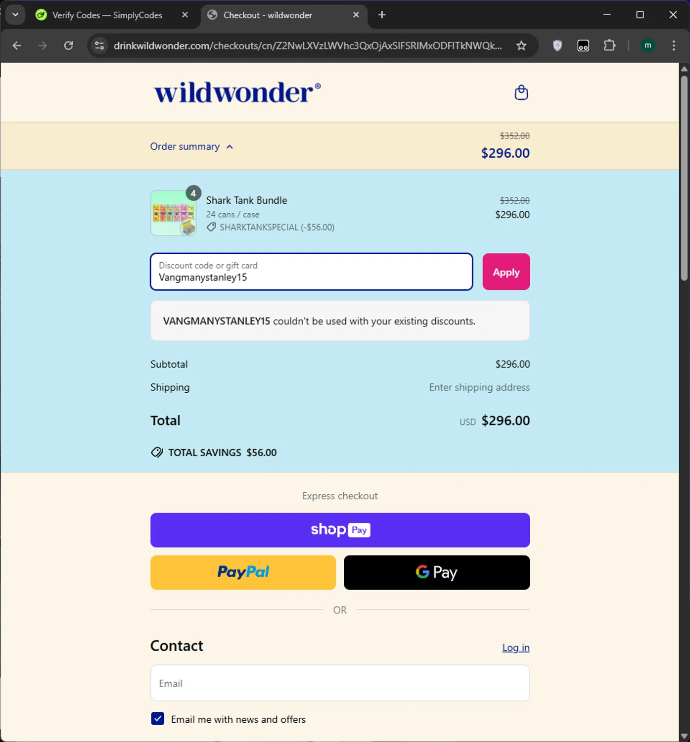 Wildwonder discount code screenshot showing code Vangmanystanley15 applied at Wildwonder checkout page. Uploaded by SimplyCodes community member manuelchirinos2 on Apr 1, 2025