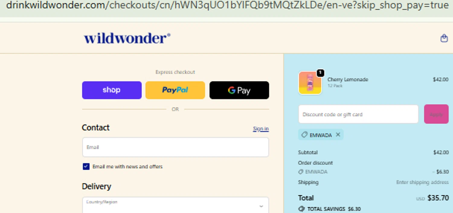 Wildwonder discount code screenshot showing code emwada applied at Wildwonder checkout page. Uploaded by SimplyCodes community member CashMaestro9337 on Oct 7, 2025