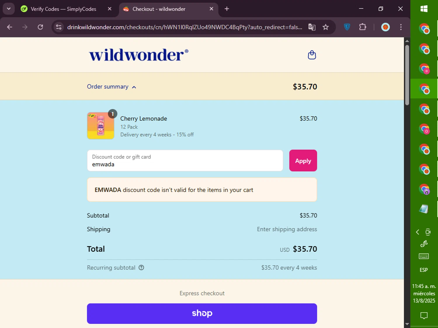 Wildwonder discount code screenshot showing code emwada applied at Wildwonder checkout page. Uploaded by SimplyCodes community member PromoVoyager8446 on Aug 13, 2025