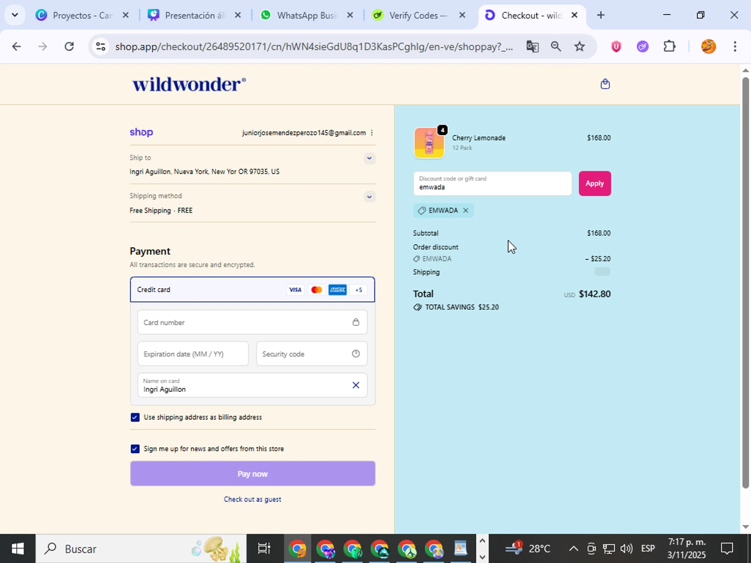 Wildwonder discount code screenshot showing code emwada applied at Wildwonder checkout page. Uploaded by SimplyCodes community member ingri96 on Nov 3, 2025