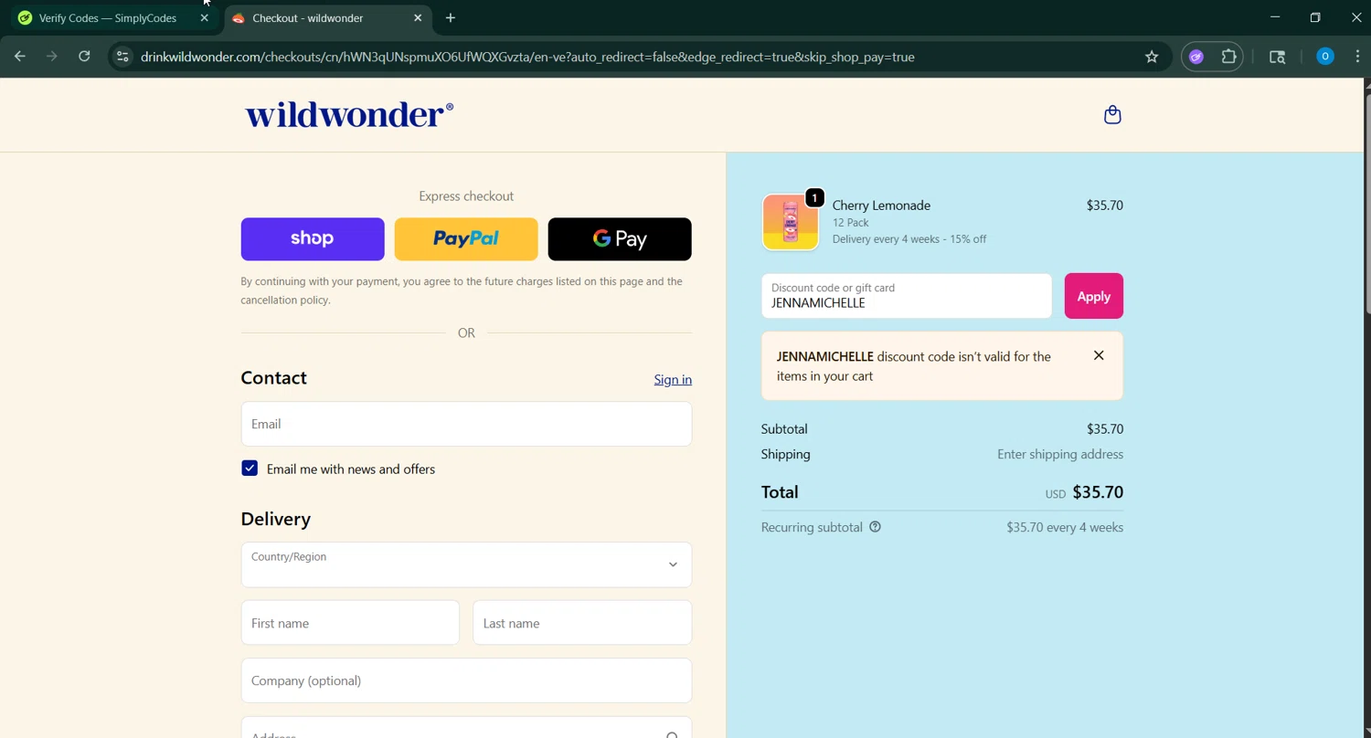 Wildwonder discount code screenshot showing code JENNAMICHELLE applied at Wildwonder checkout page. Uploaded by SimplyCodes community member RoyalSage9159 on Oct 7, 2025