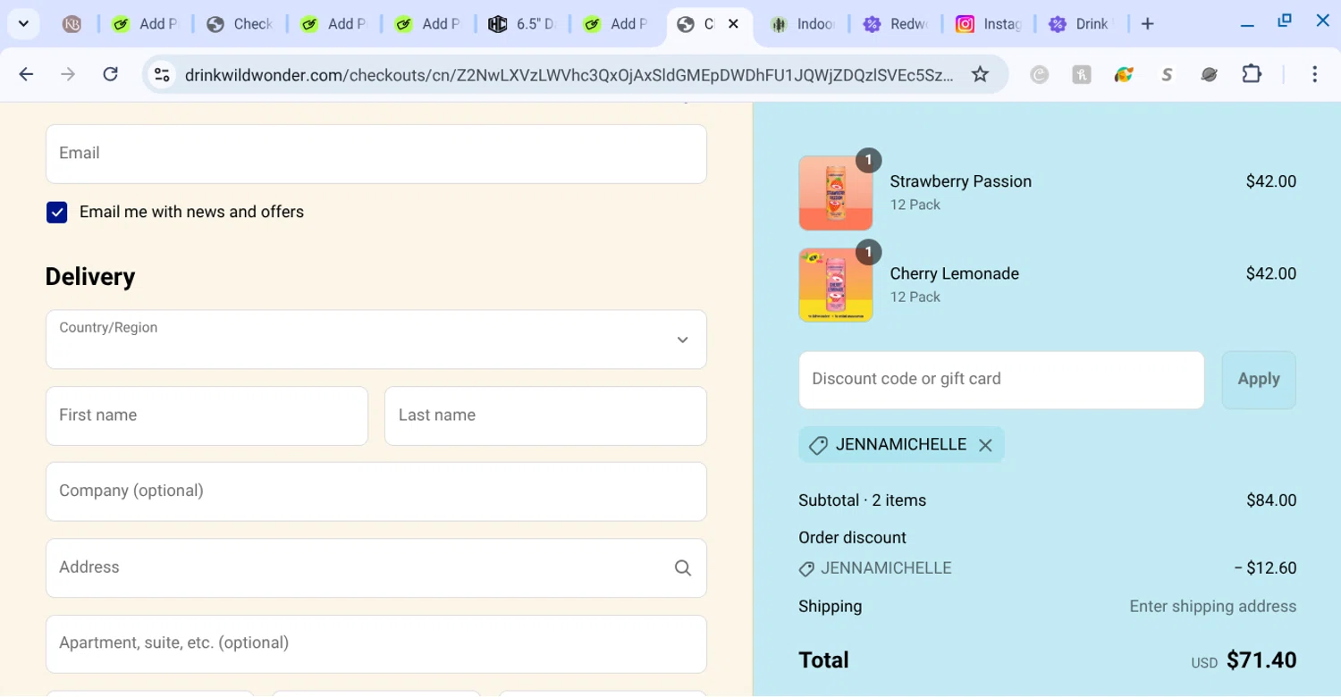 Wildwonder discount code screenshot showing code JENNAMICHELLE applied at Wildwonder checkout page. Uploaded by SimplyCodes community member KarinaHZ on May 29, 2025