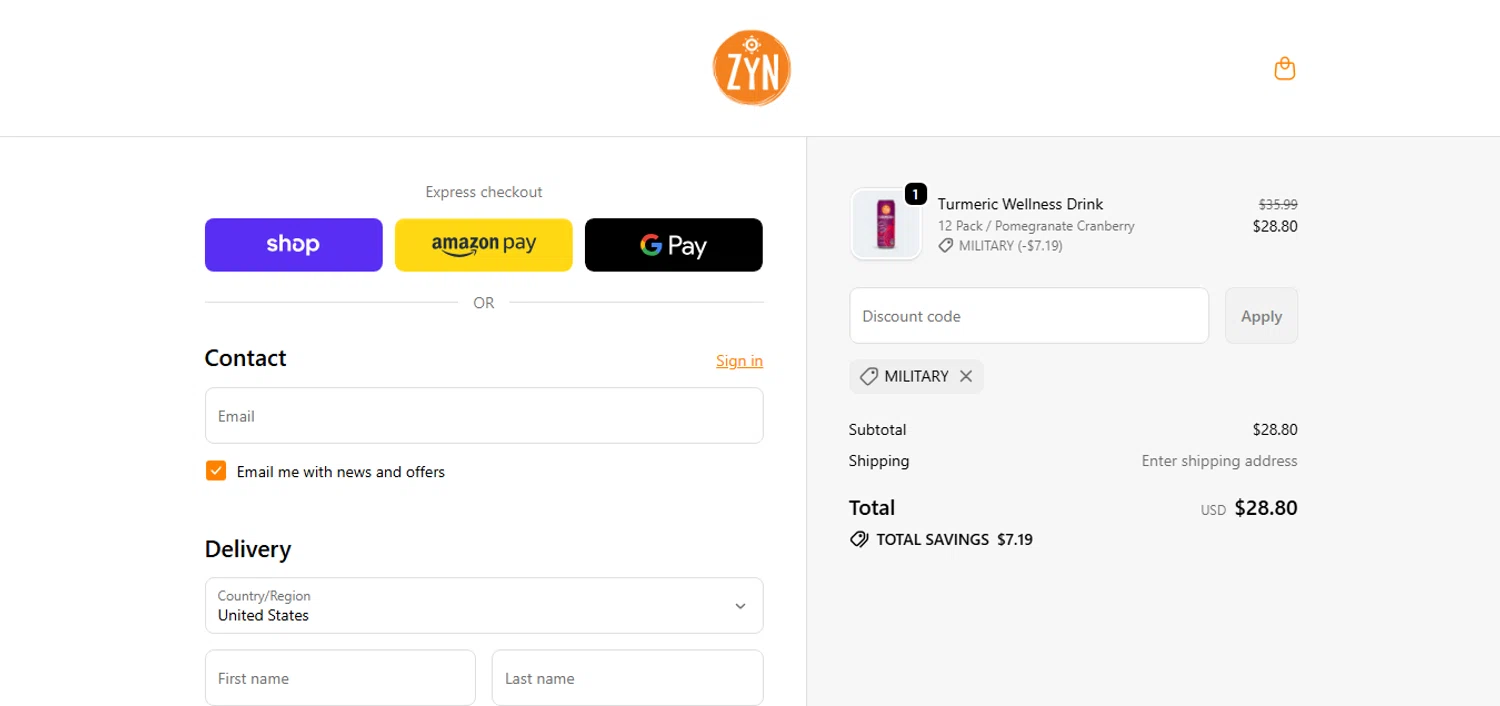Drink ZYN promo code screenshot showing code MILITARY applied at Drink ZYN checkout page. Uploaded by SimplyCodes community member MagnificentCurator5441 on Dec 14, 2025