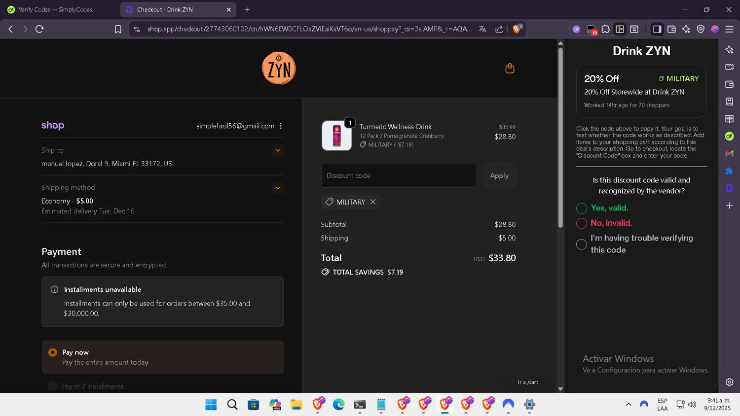 Drink ZYN promo code screenshot showing code MILITARY applied at Drink ZYN checkout page. Uploaded by SimplyCodes community member NobleLegend6162 on Dec 9, 2025