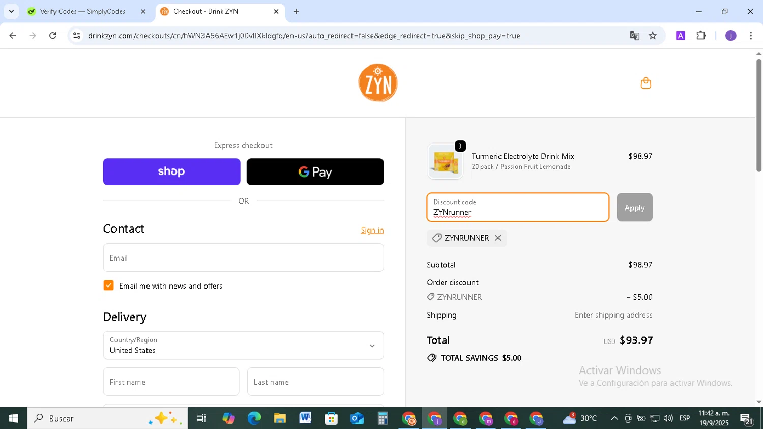 Drink ZYN promo code screenshot showing code ZYNrunner applied at Drink ZYN checkout page. Uploaded by SimplyCodes community member TAZ2024 on Sep 19, 2025