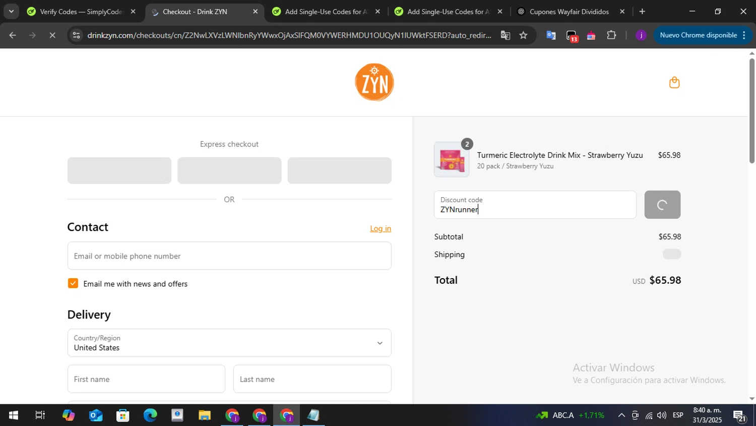 Drink ZYN promo code screenshot showing code ZYNrunner applied at Drink ZYN checkout page. Uploaded by SimplyCodes community member perry1 on Mar 31, 2025