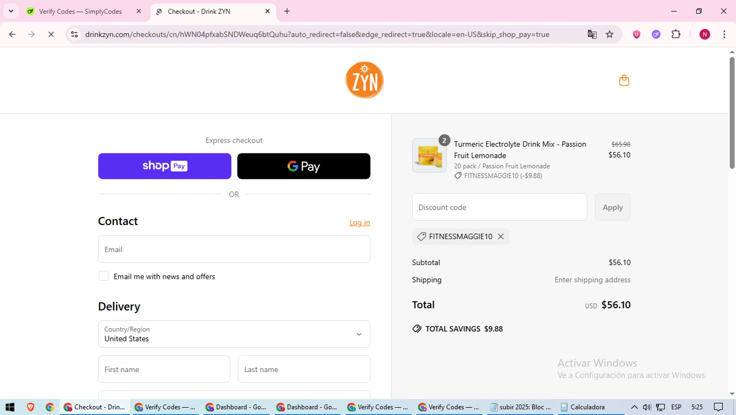 Drink ZYN promo code screenshot showing code FITNESSMAGGIE10 applied at Drink ZYN checkout page. Uploaded by SimplyCodes community member CoinWizard8578 on Jun 30, 2025