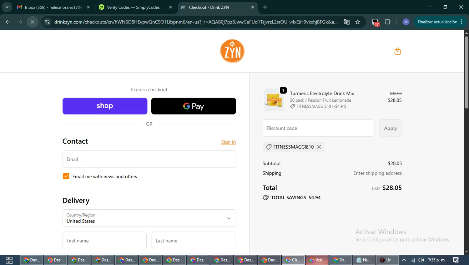 Drink ZYN promo code screenshot showing code FITNESSMAGGIE10 applied at Drink ZYN checkout page. Uploaded by SimplyCodes community member PrimeFox5260 on Dec 8, 2025