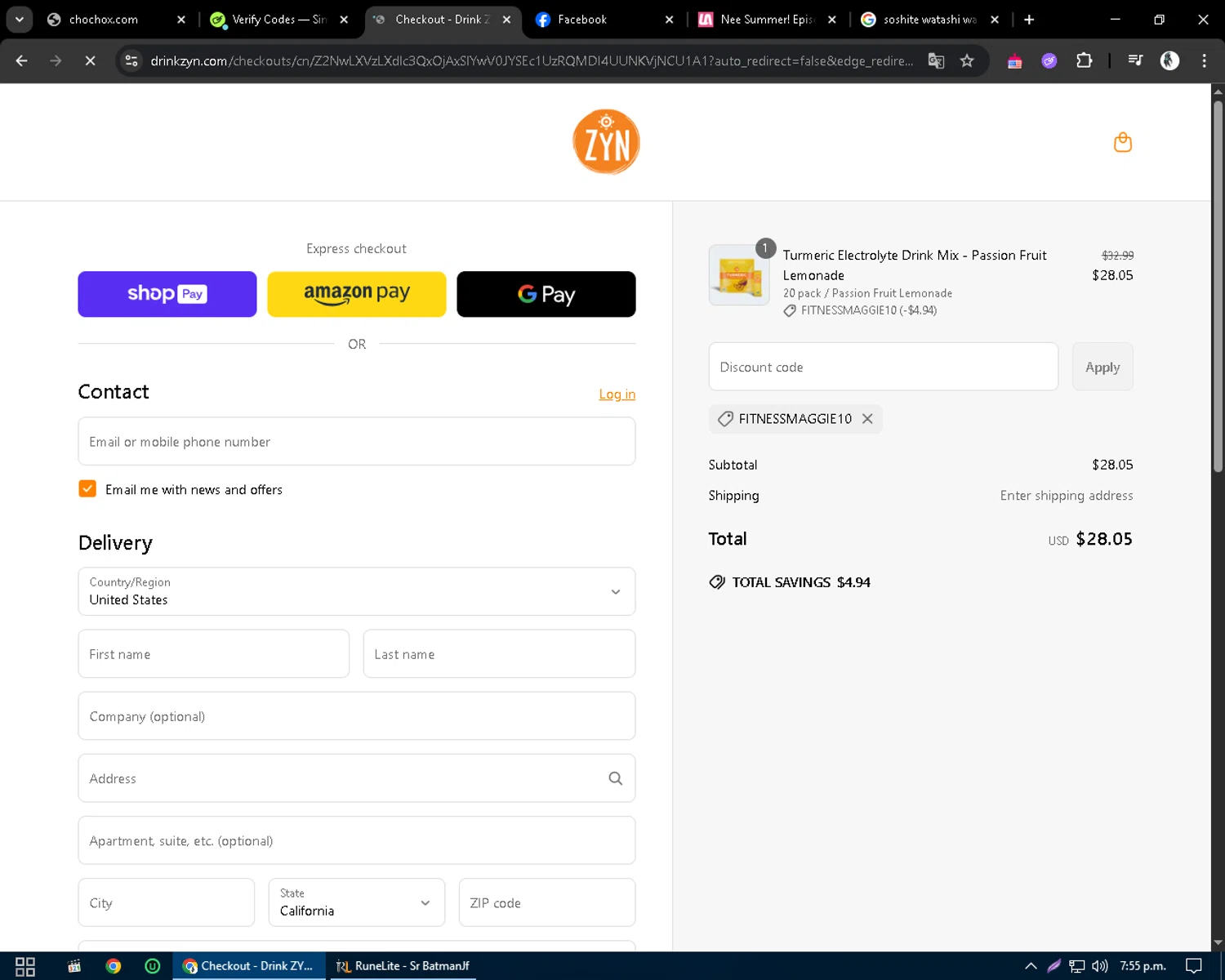 Drink ZYN promo code screenshot showing code FITNESSMAGGIE10 applied at Drink ZYN checkout page. Uploaded by SimplyCodes community member CleverSentinel9441 on May 11, 2025