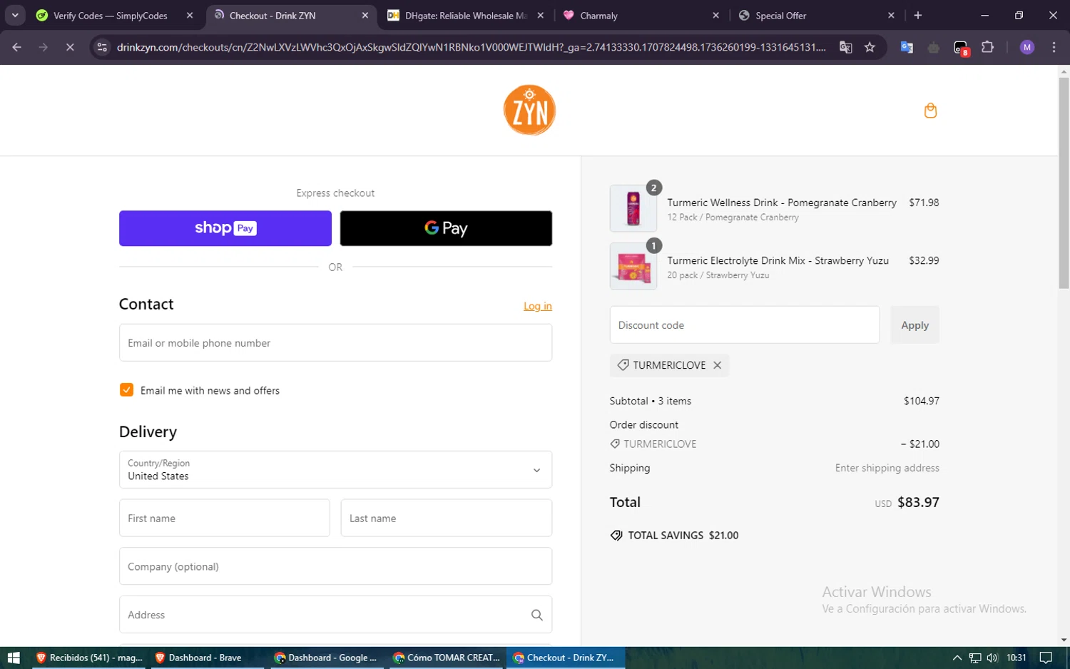 Drink ZYN promo code screenshot showing code Turmericlove applied at Drink ZYN checkout page. Uploaded by SimplyCodes community member usuario500 on Jan 7, 2025
