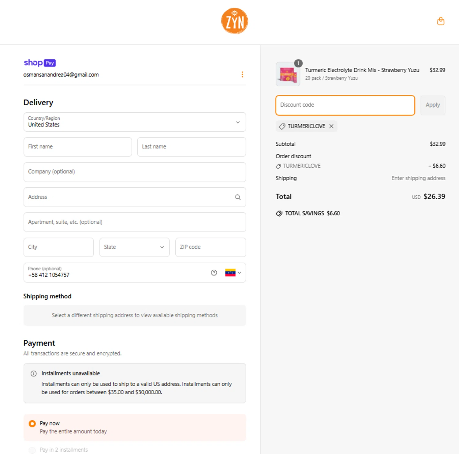 Drink ZYN promo code screenshot showing code Turmericlove applied at Drink ZYN checkout page. Uploaded by SimplyCodes community member ElonMusk on Mar 31, 2025
