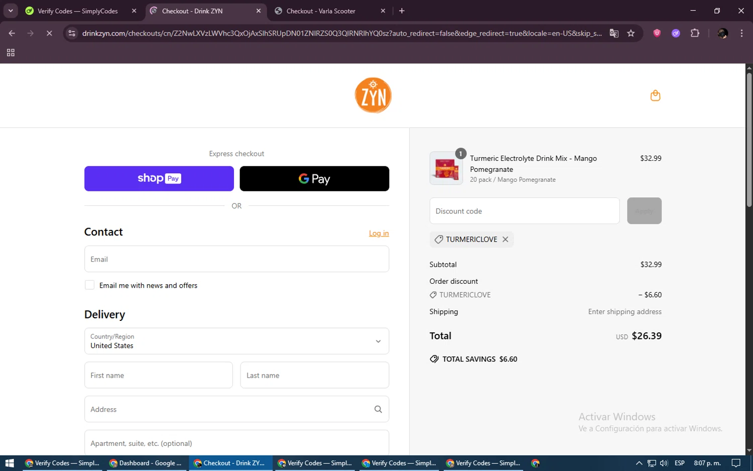 Drink ZYN promo code screenshot showing code Turmericlove applied at Drink ZYN checkout page. Uploaded by SimplyCodes community member ExtraordinaryVirtuoso6801 on Jun 15, 2025