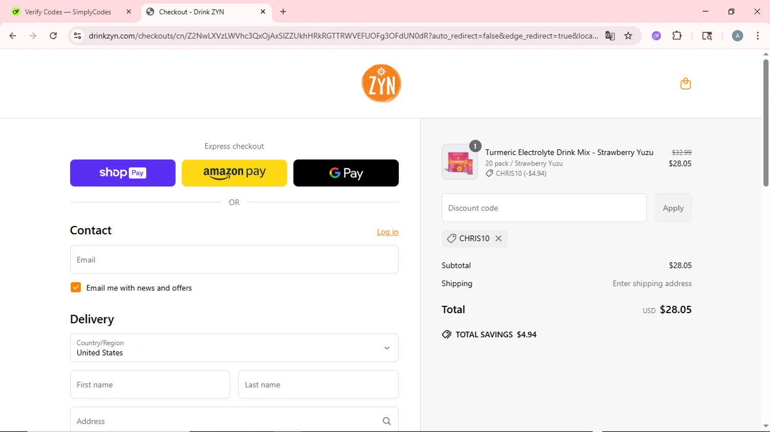 Drink ZYN promo code screenshot showing code CHRIS10 applied at Drink ZYN checkout page. Uploaded by SimplyCodes community member CrownSpotter6947 on May 23, 2025