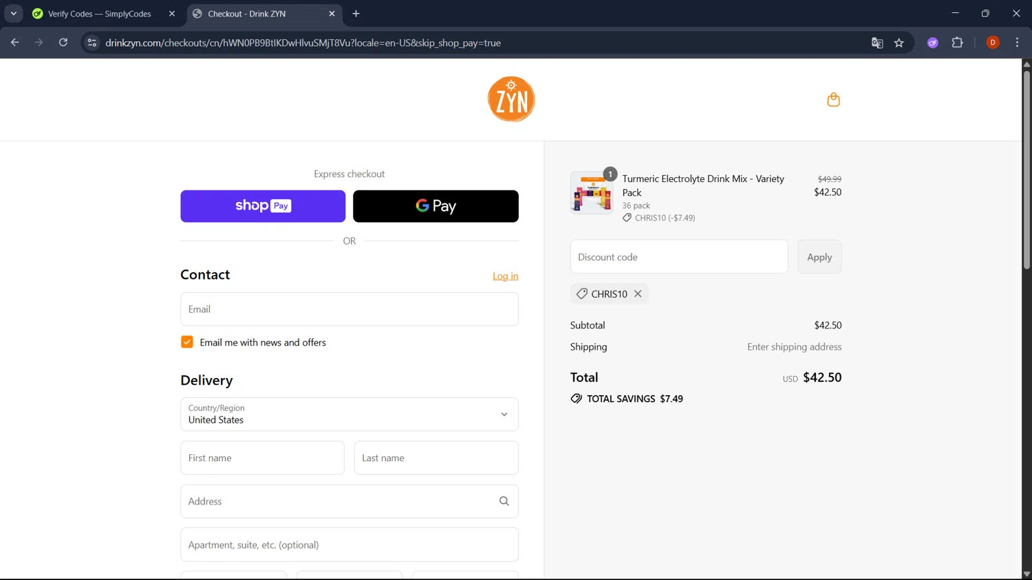 Drink ZYN promo code screenshot showing code CHRIS10 applied at Drink ZYN checkout page. Uploaded by SimplyCodes community member RoyalSaver3150 on Jul 9, 2025