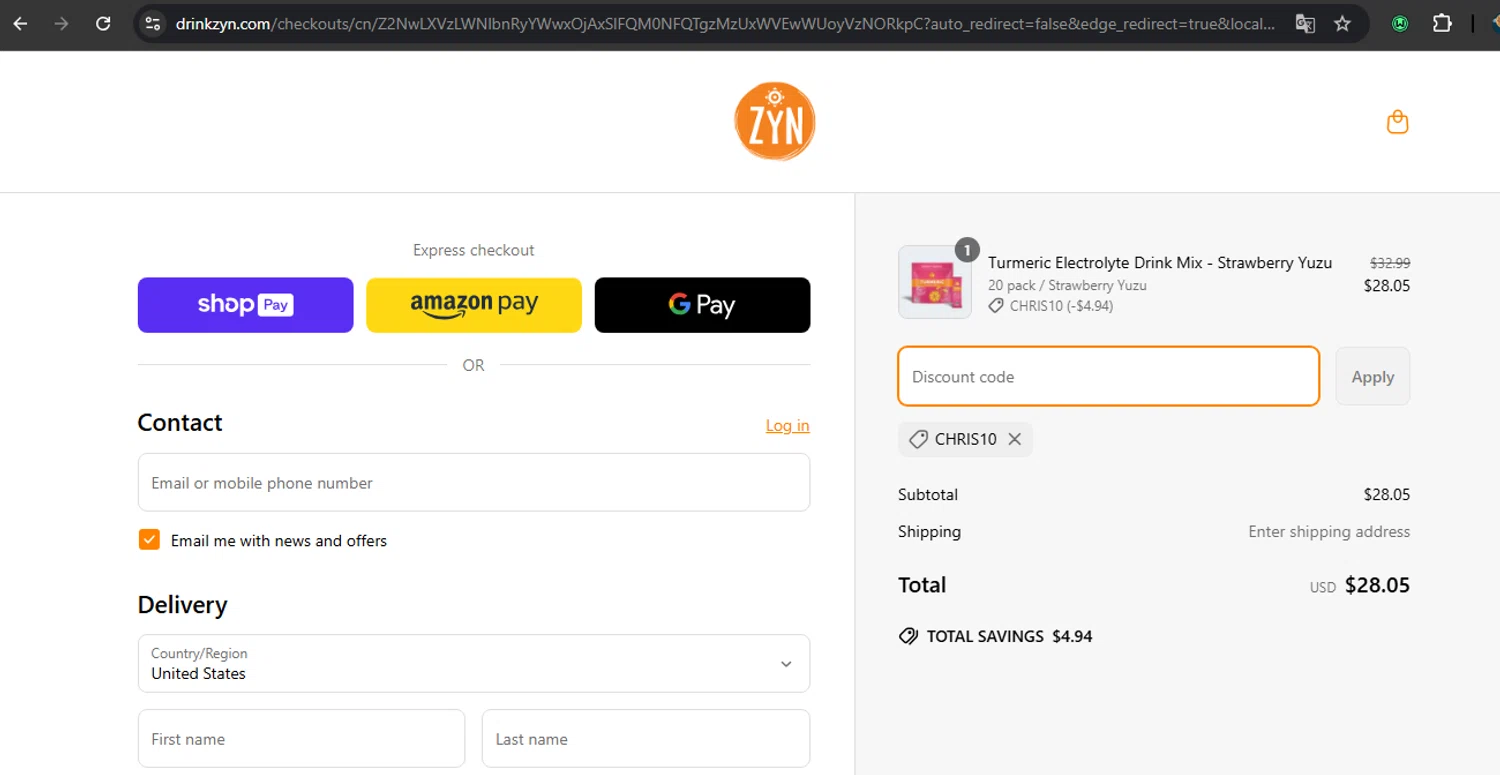 Drink ZYN promo code screenshot showing code CHRIS10 applied at Drink ZYN checkout page. Uploaded by SimplyCodes community member RoyalSpotter5217 on Mar 31, 2025