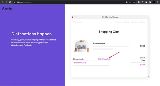 Drip checkout page showing Drip promo code box | Screenshot taken by SimplyCodes community member on Feb 20, 2022