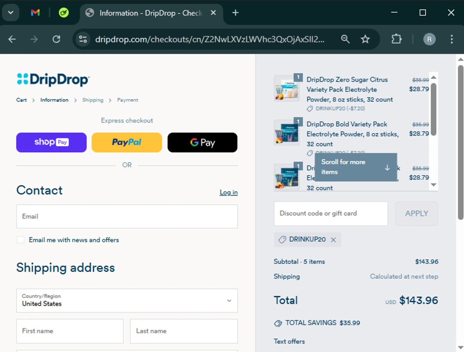 DripDrop discount code screenshot showing code DRINKUP20 applied at DripDrop checkout page. Uploaded by SimplyCodes community member PrimeWhiz5416 on Apr 7, 2025