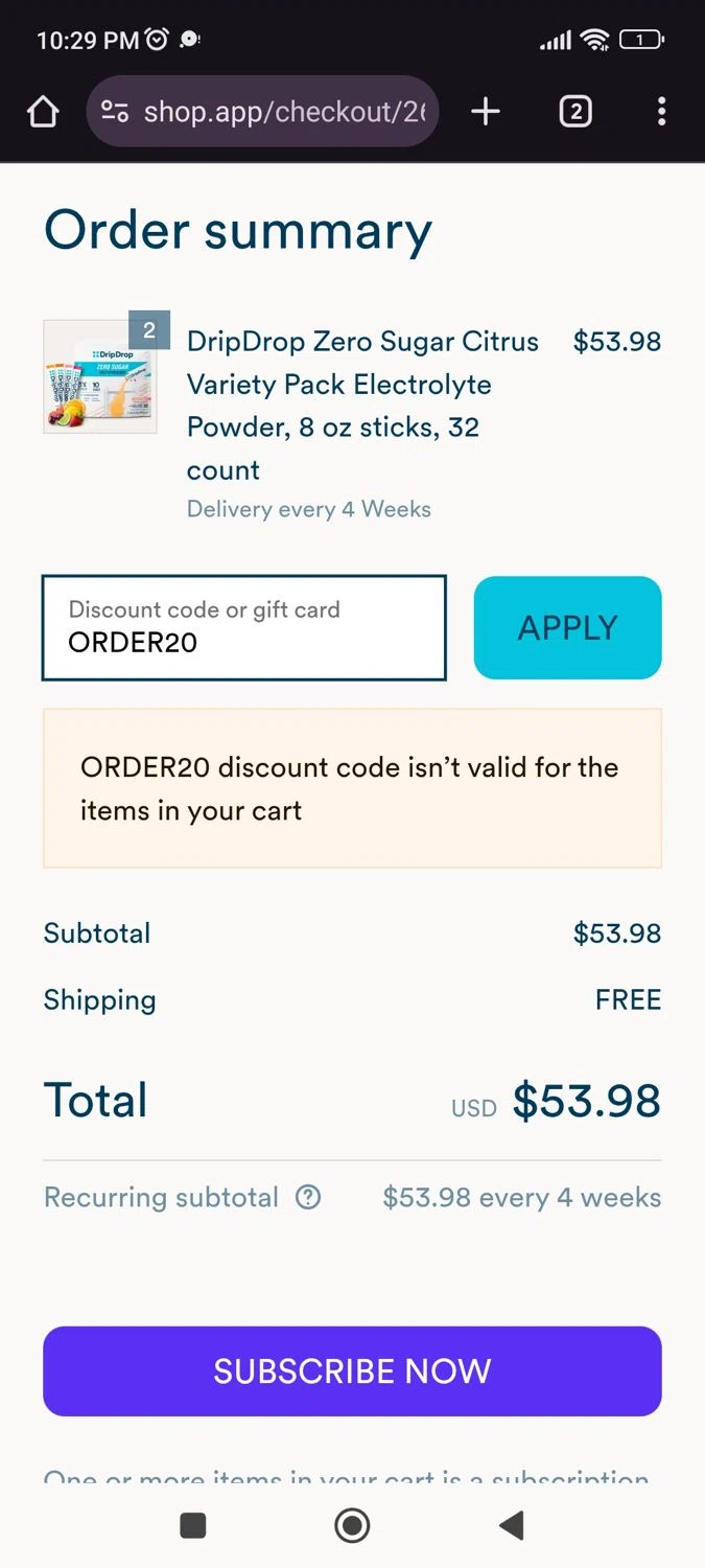 DripDrop discount code screenshot showing code ORDER20 applied at DripDrop checkout page. Uploaded by SimplyCodes community member JulesCrnel on Mar 28, 2025