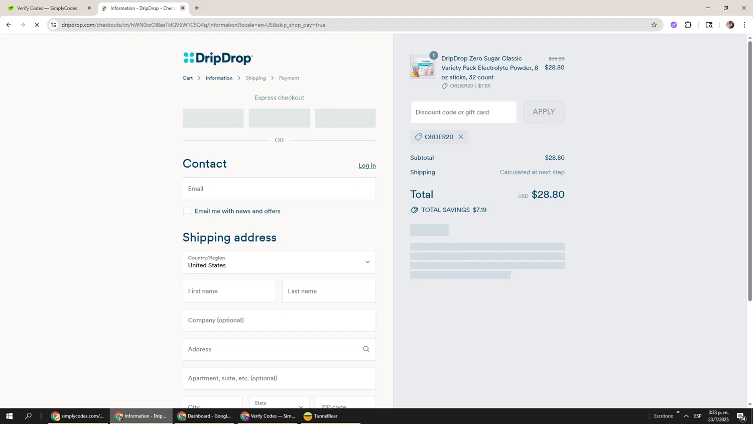 DripDrop discount code screenshot showing code ORDER20 applied at DripDrop checkout page. Uploaded by SimplyCodes community member Levi_Ackerman on Jul 23, 2025