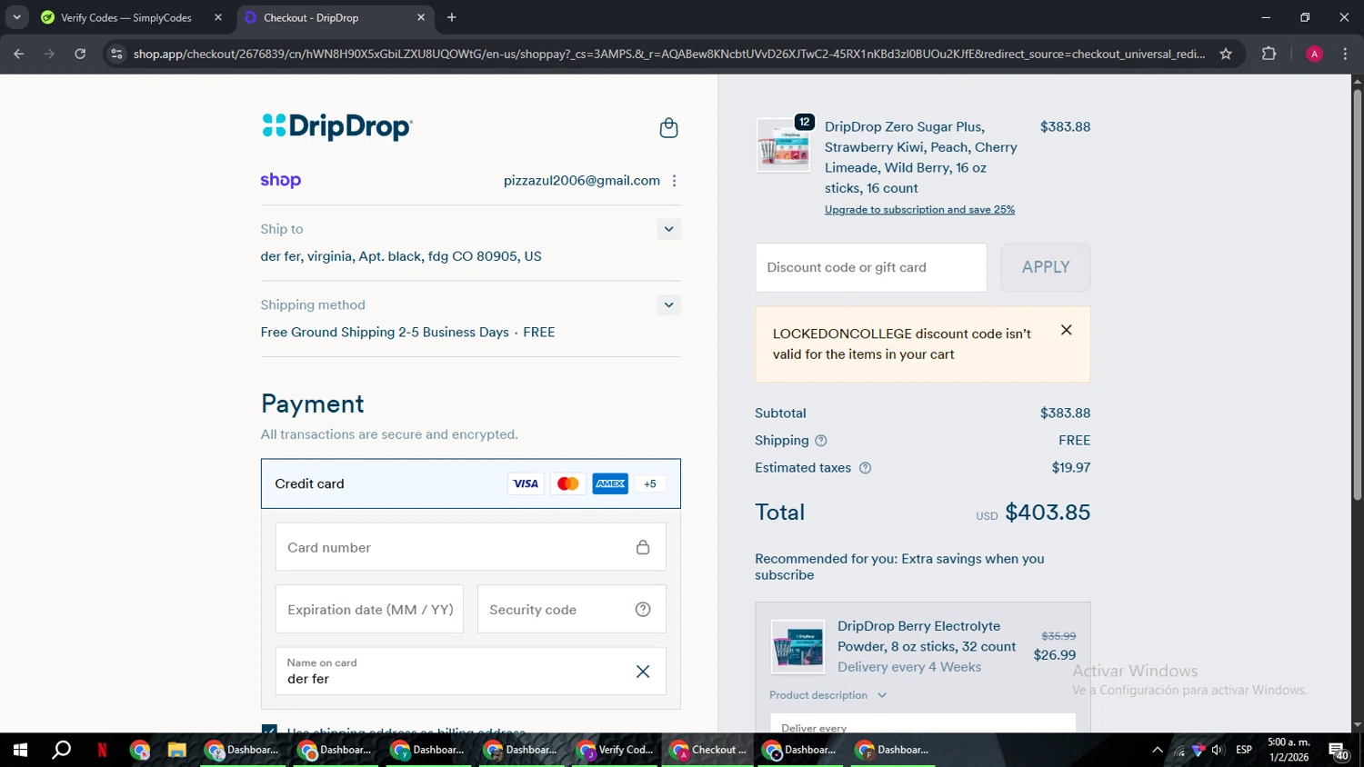 DripDrop discount code screenshot showing code LOCKEDONCOLLEGE applied at DripDrop checkout page. Uploaded by SimplyCodes community member BMWGS1200 on Feb 1, 2026