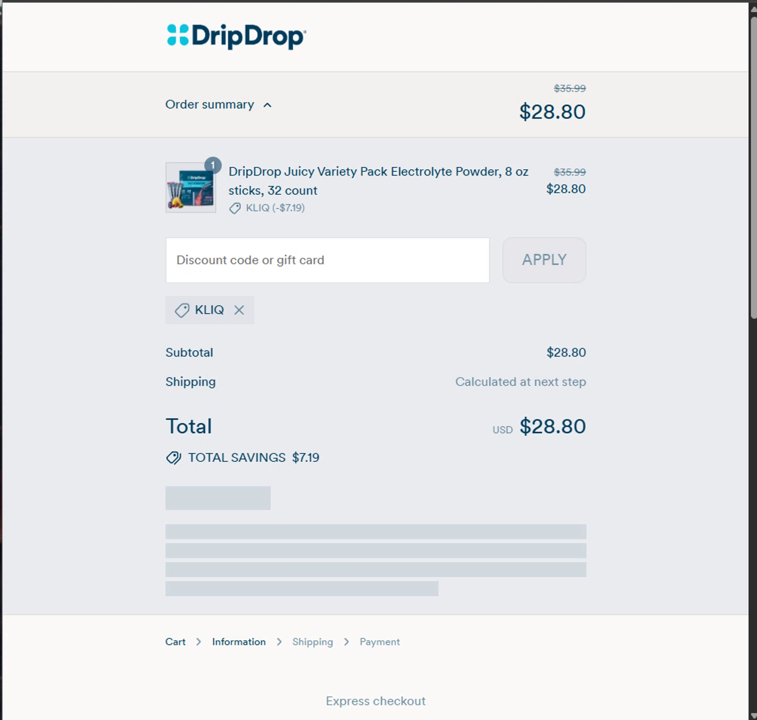 DripDrop discount code screenshot showing code KLIQ applied at DripDrop checkout page. Uploaded by SimplyCodes community member PillarsofCreation on Sep 9, 2025
