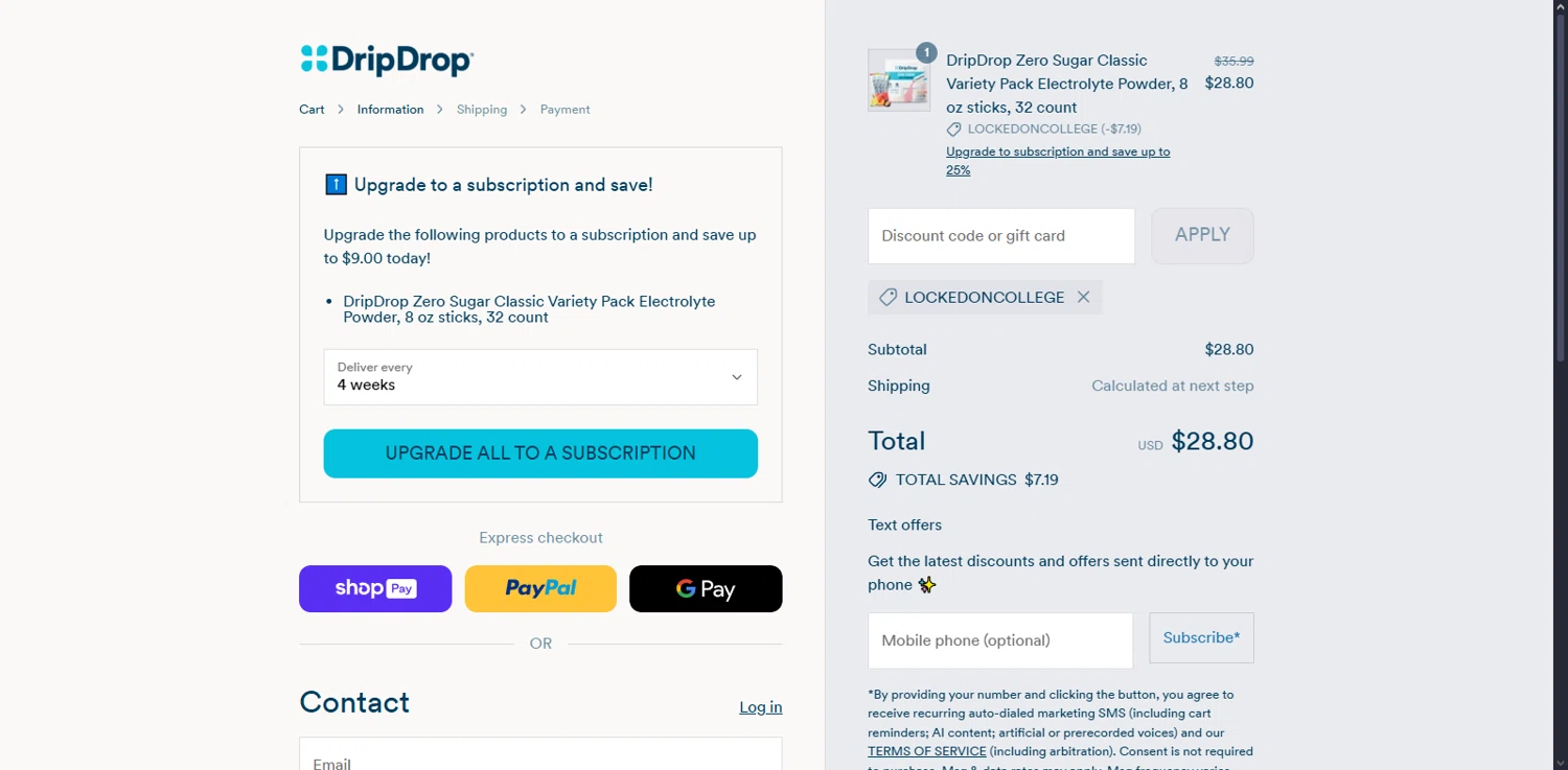 DripDrop discount code screenshot showing code LOCKEDONCOLLEGE applied at DripDrop checkout page. Uploaded by SimplyCodes community member Serdanvz on Jul 29, 2025