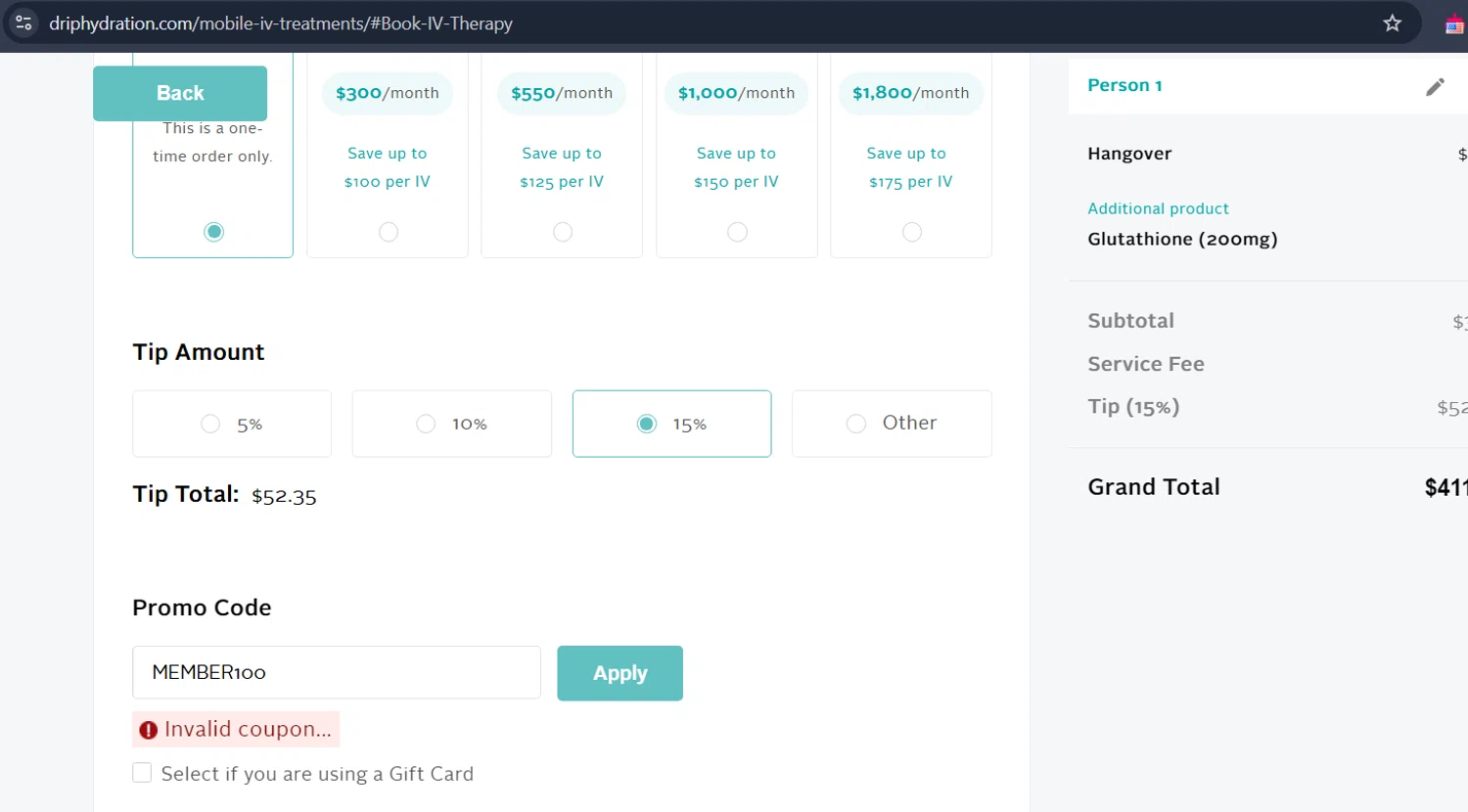 Drip Hydration promo code screenshot showing code MEMBER100 applied at Drip Hydration checkout page. Uploaded by SimplyCodes community member NinjaShoyo on Mar 3, 2025
