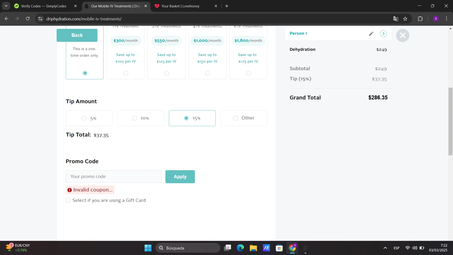 Drip Hydration promo code screenshot showing code MEMBER100 applied at Drip Hydration checkout page. Uploaded by SimplyCodes community member sorialbam on Mar 3, 2025