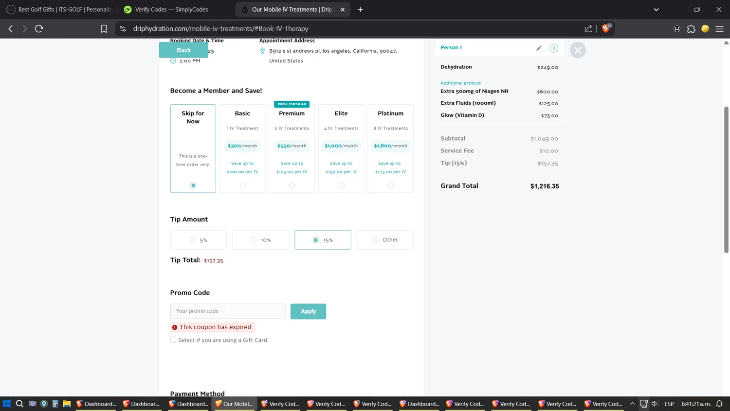 Drip Hydration promo code screenshot showing code DRIP10 applied at Drip Hydration checkout page. Uploaded by SimplyCodes community member ZoilaPerrita on Jun 18, 2025