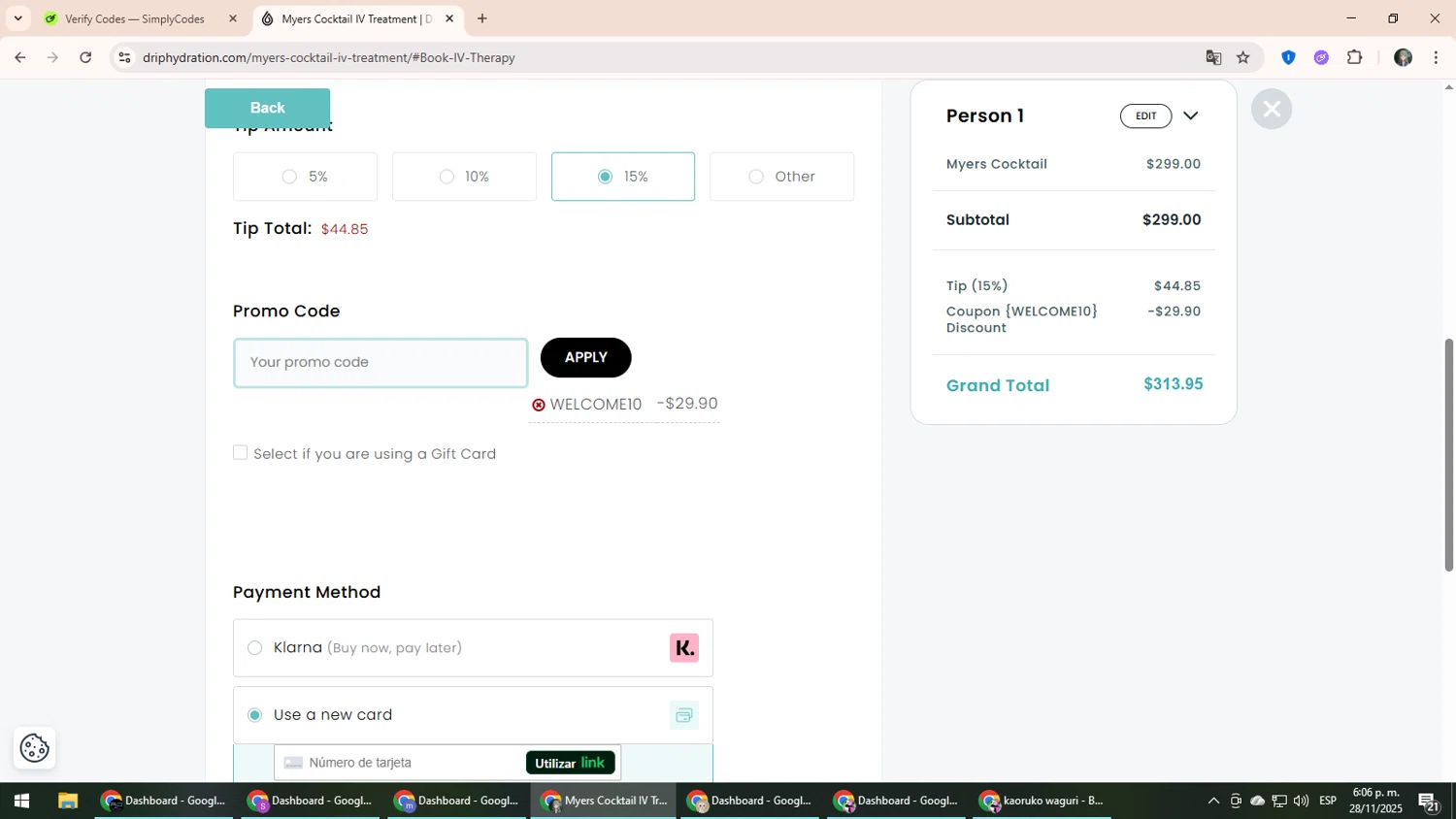 Drip Hydration promo code screenshot showing code WELCOME10 applied at Drip Hydration checkout page. Uploaded by SimplyCodes community member CleverLynx6871 on Nov 28, 2025