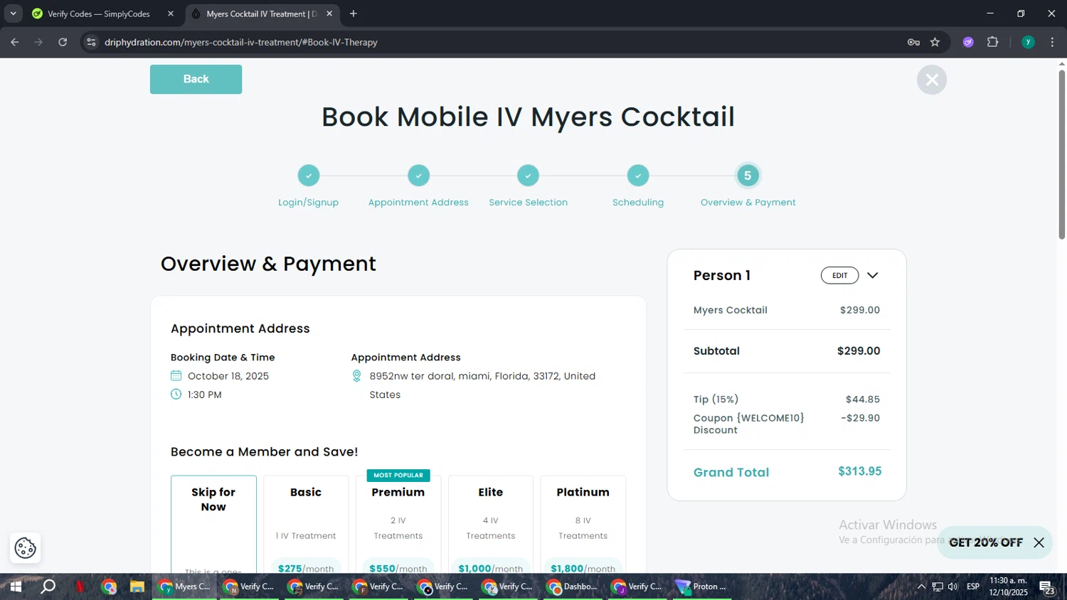 Drip Hydration promo code screenshot showing code WELCOME10 applied at Drip Hydration checkout page. Uploaded by SimplyCodes community member FrugalCaptain6906 on Oct 12, 2025