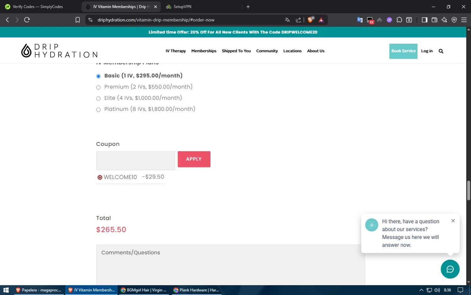 Drip Hydration checkout page showing Drip Hydration promo code box | Screenshot taken by SimplyCodes community member on Aug 16, 2025