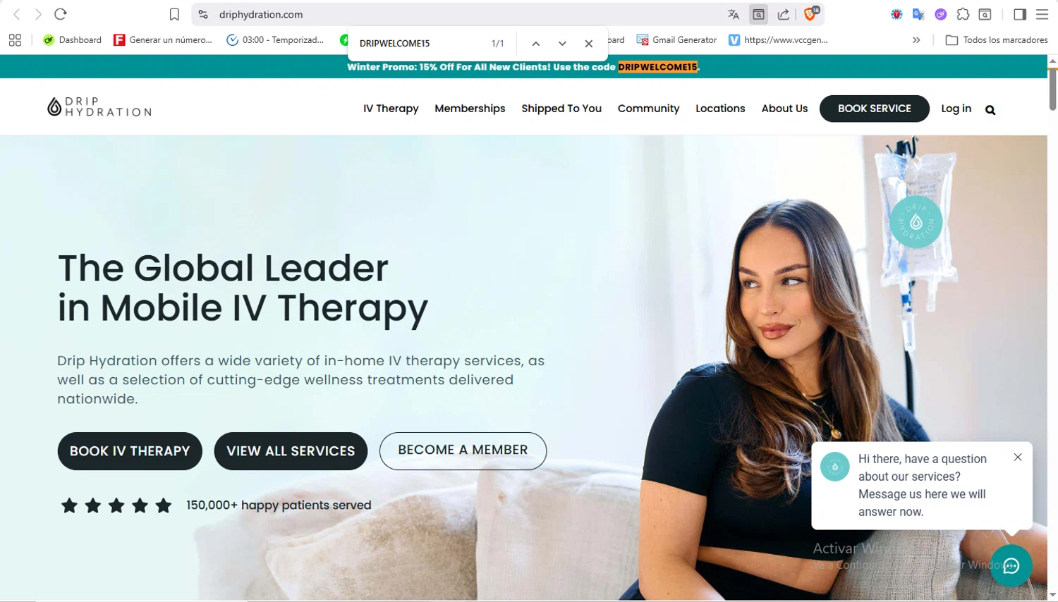 Drip Hydration promo code screenshot showing code DRIPWELCOME15 applied at Drip Hydration checkout page. Uploaded by SimplyCodes community member VoucherFalcon3942 on Feb 7, 2026