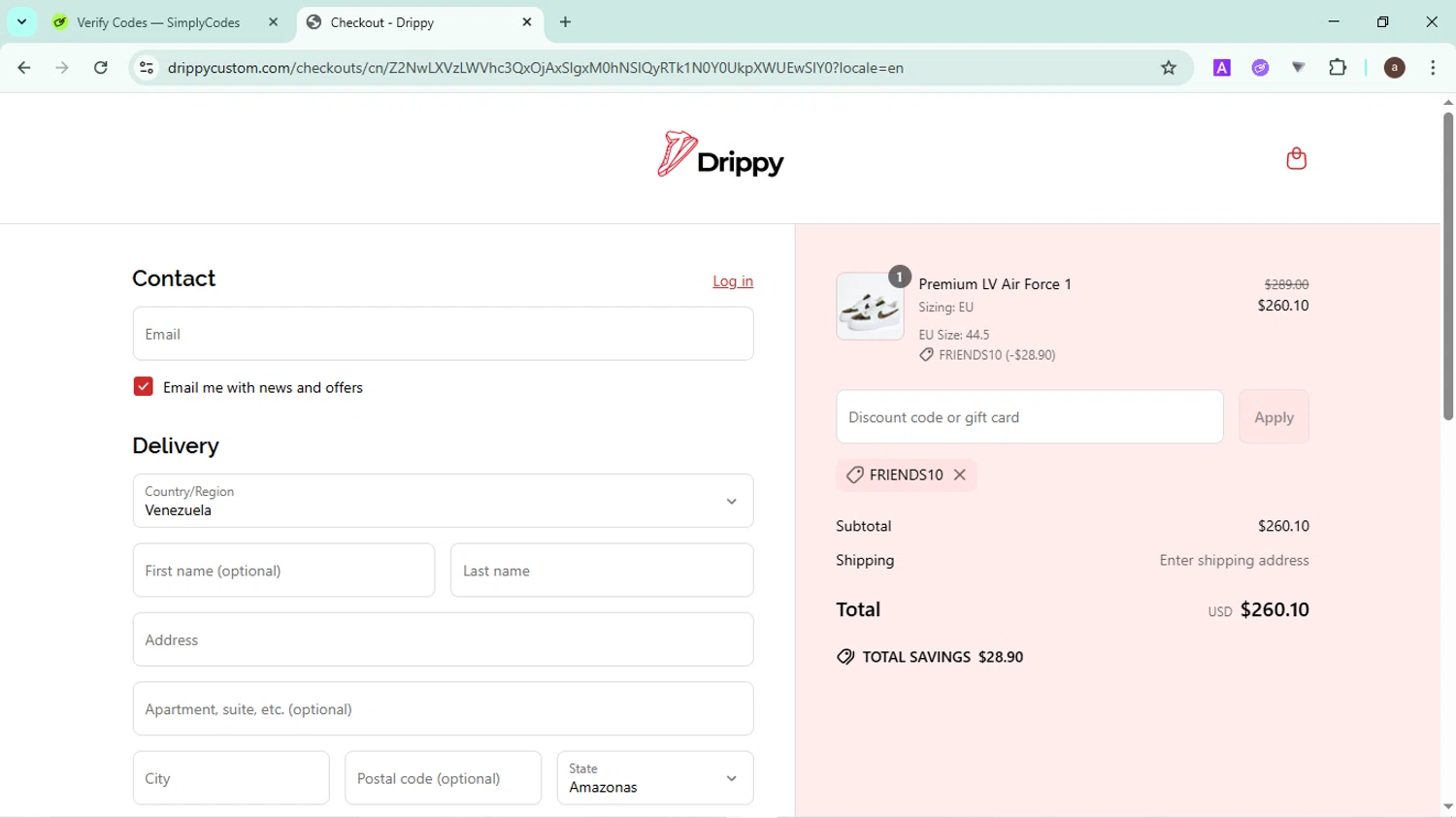 Drippy discount code screenshot showing code FRIENDS10 applied at Drippy checkout page. Uploaded by SimplyCodes community member CodeMaverick246 on Jun 5, 2025